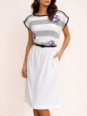 Vintage Floral morning glory Stripe Midi Dress White Black Purple